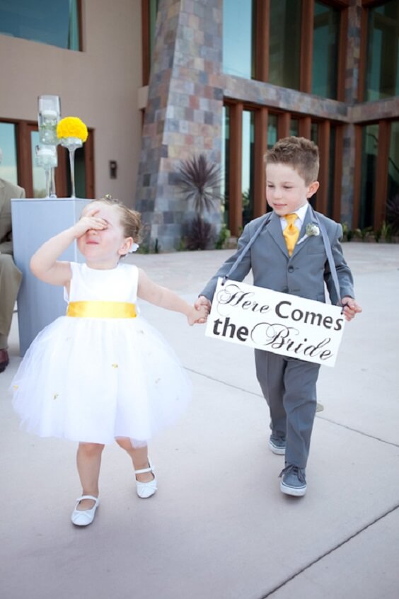 white flower girl's dress for summer wedding grey bridesmaid dresses yellow wedding bouquets with greenery and grey men's suits