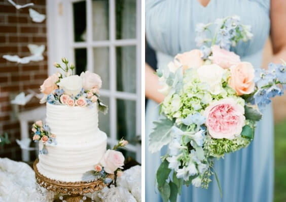 wedding cake with flowers and peach and blue bouquet for summer blue wedding
