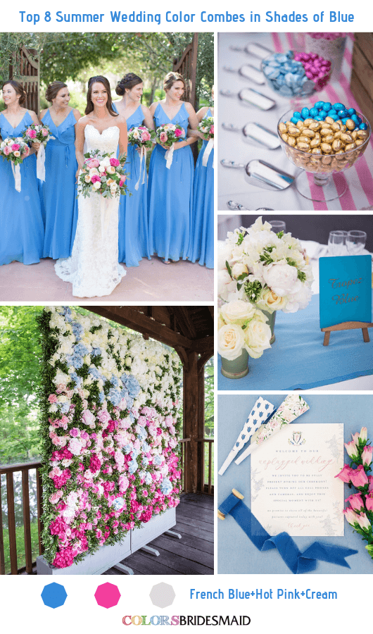 Blue Wedding - French Blue Bridesmaid Dresses and Wedding Flower Wall