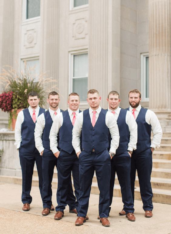Navy blue Suits and Coral ties for Coral and Navy May Wedding