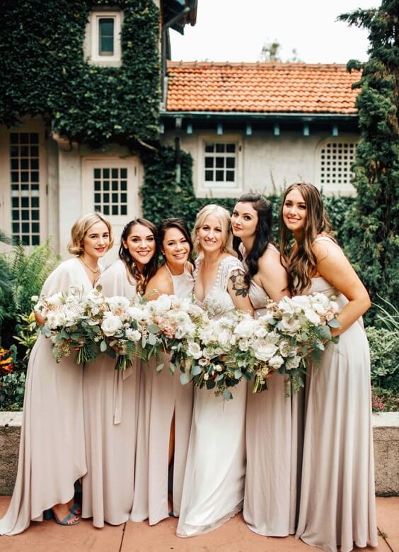 Champagne bridesmaid dresses and white bridal gown for Champagne and Green May Wedding