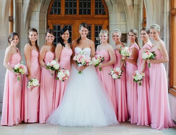 Pink bridesmaid dresses and white bridal gown for Pink and Grey May Wedding