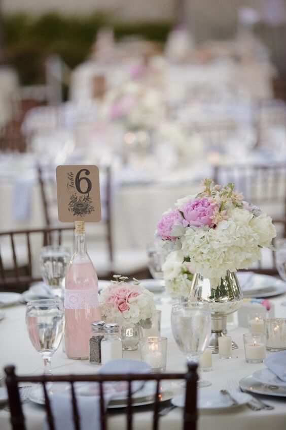 Table decorations for Pink and Grey May Wedding
