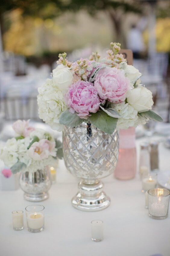 Table decorations for Pink and Grey May Wedding