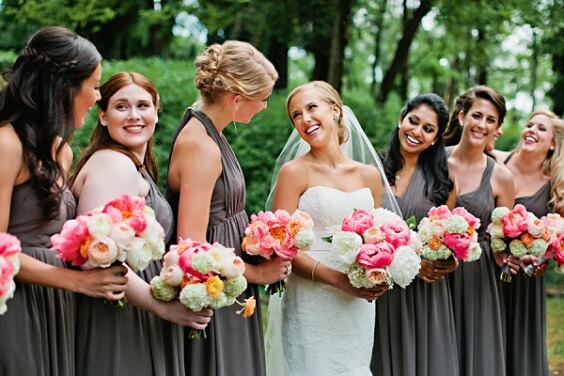 Grey bridesmaid dresses and white bridal gown for Grey and Bright Pink May Wedding