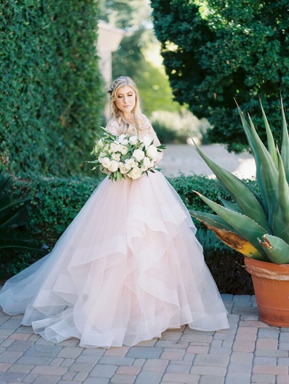 Blush bridal gown for Dusty blue and greenery May Wedding