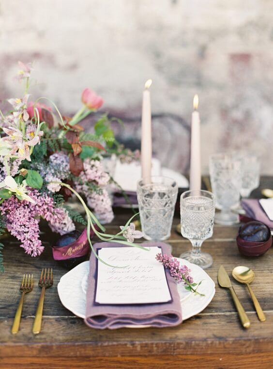 gold tableware and mauve centerpieces for september mauve and gold wedding 2019