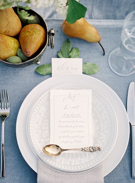 table setting for september dusty blue and yellow wedding 2019