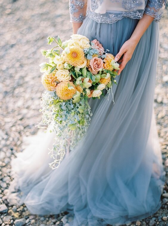 yellow bouquet for september dusty blue and yellow wedding 2019