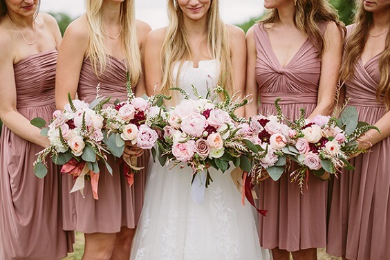 September Wedding Dusty Rose Bridesmaid Dresses With Burgundy And Blush Bouquets Colorsbridesmaid