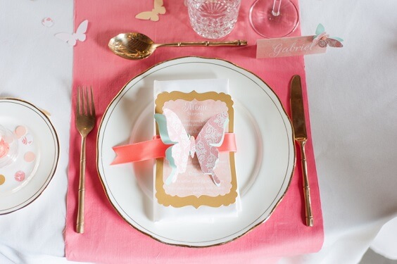 table setting for july coral and white wedding 2019