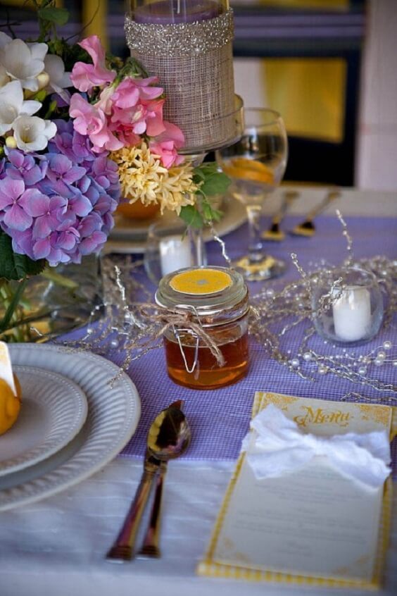 table setting for july lavender and lemon wedding 2019