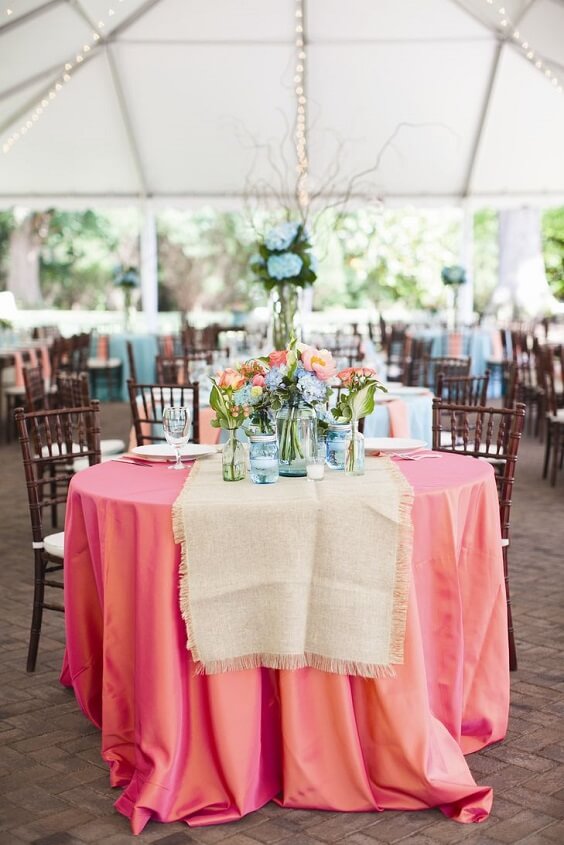 coral tablecloth and centerpiece for july aqua and coral wedding 2019