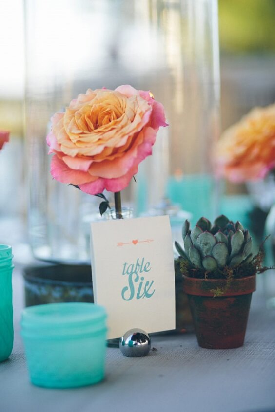 table card for july aqua and coral wedding 2019