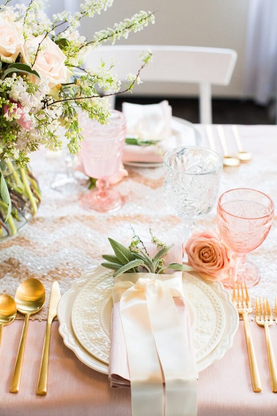 blush and gold table setting for july blush and gold wedding 2019