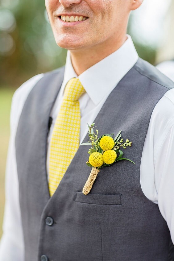 grey man's jacket and yellow tie for july yellow iris and green wedding 2019