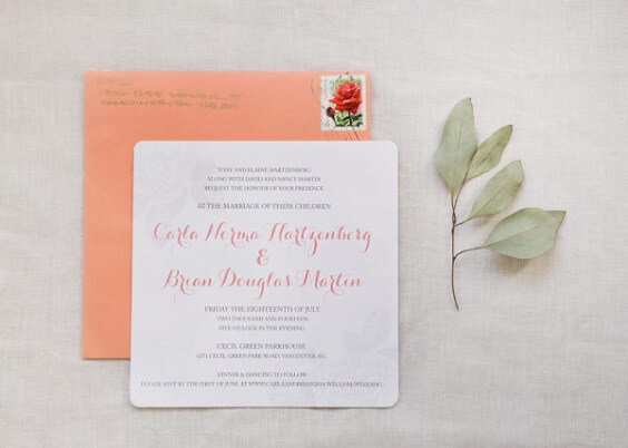 Wedding invitations for peach and green June Wedding