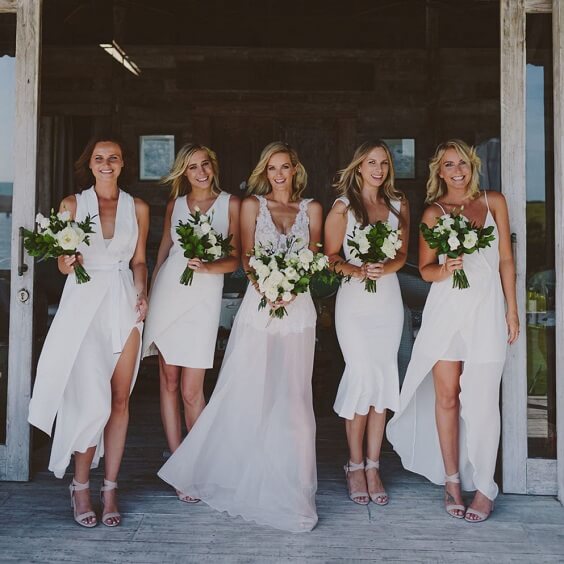 White bridesmaid dresses for White and Green June Wedding