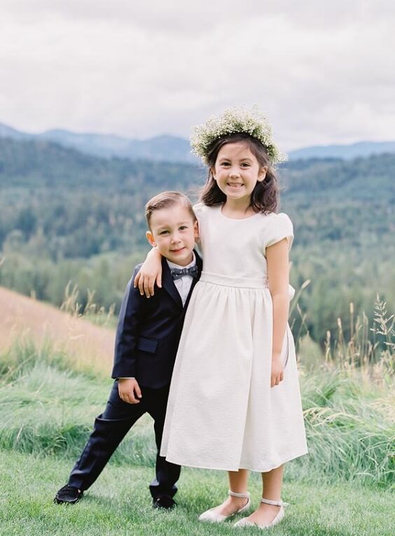 Flower girl and ring bearer for Silver grey and white June Wedding