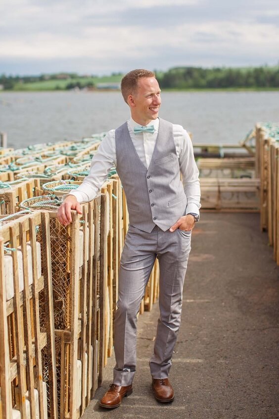 Grey vests for Mint green and Pink June Wedding