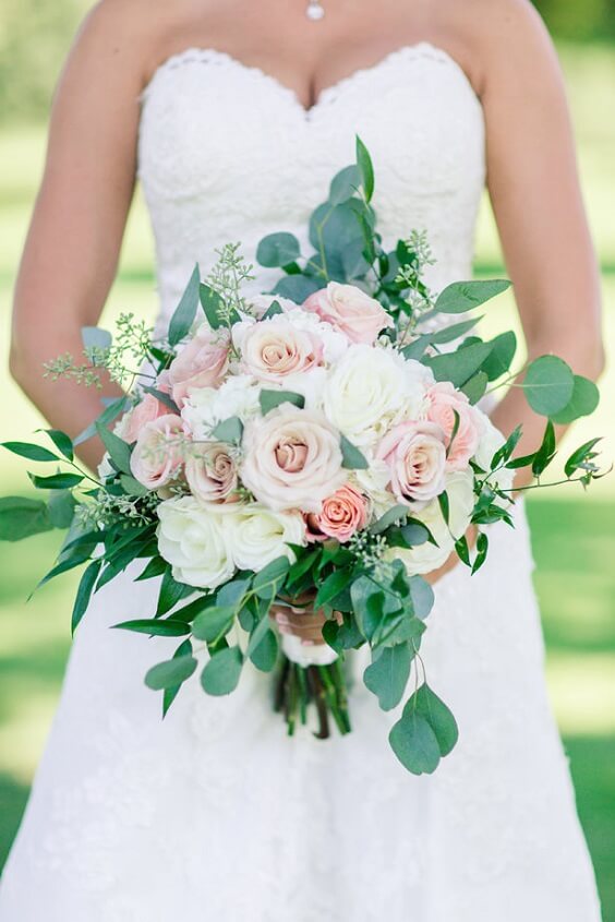 Bridal bouquets for dusty rose and grey June wedding