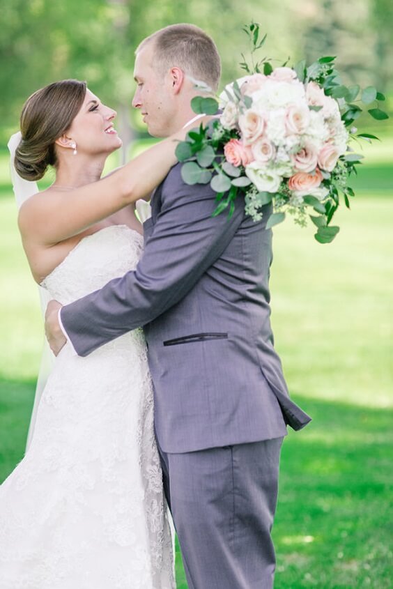 Grey suits for dusty rose and grey June wedding