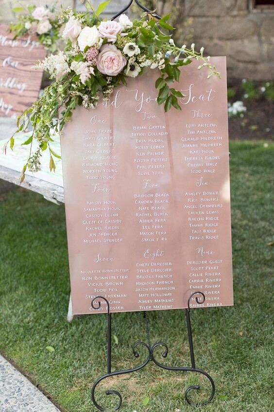 Seating chart for dusty rose and grey June wedding