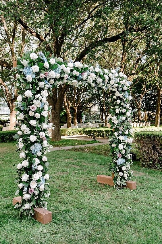 Wedding ceremony decorations for dusty rose and grey June wedding