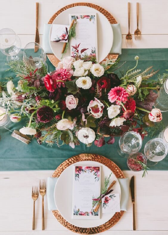 table setting for november emerald green and burgundy wedding 2019