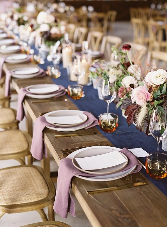 table setting for november mauve and navy wedding 2019