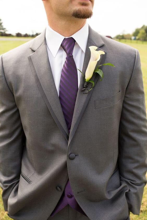 grey mans suit with purple tie for november mix and match purple wedding 2019