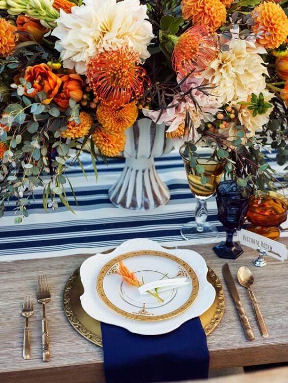 table setting1 for october blue and tangerine wedding 2019
