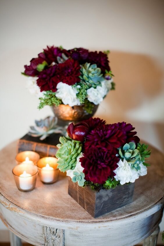 flowers and candles for october dark red and grey wedding 2019