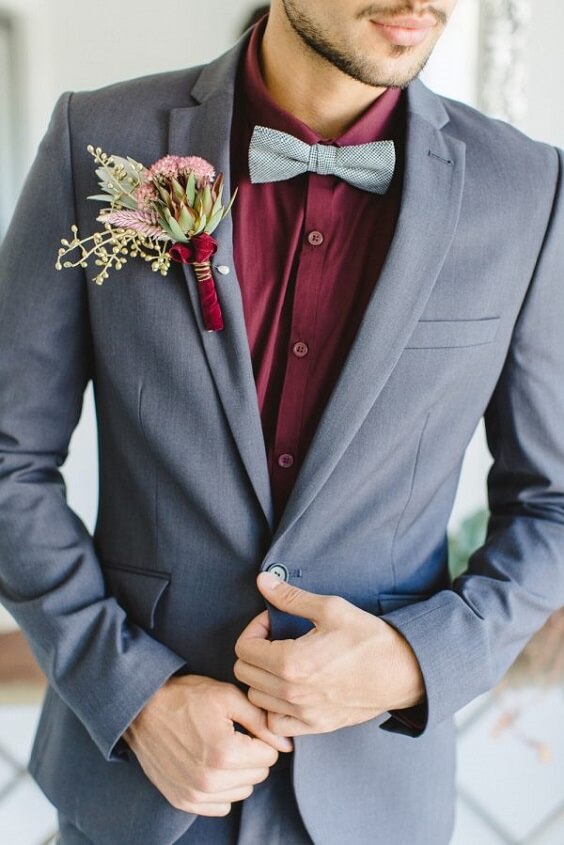 grey mans suit with dark red shirt for october dark red and grey wedding 2019