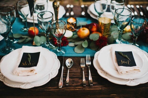 table setting2 for october teal and tangerine wedding 2019