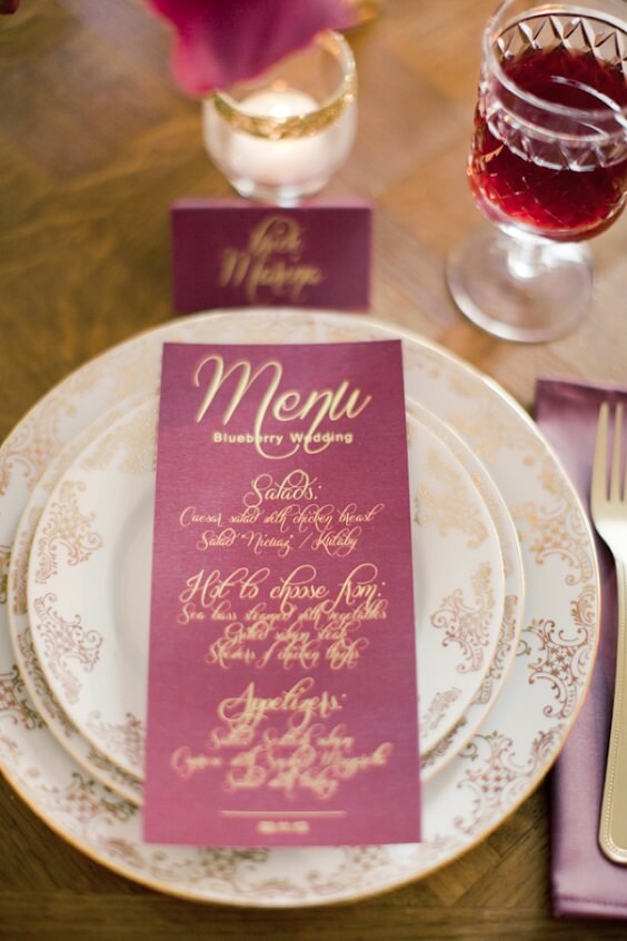menu card for october wine and gold wedding 2019