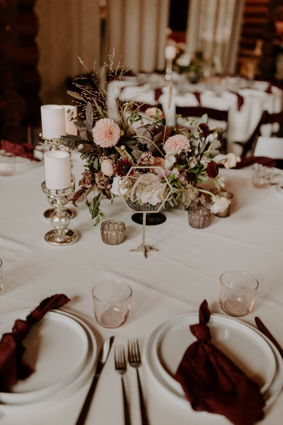 table setting1 for october white and burgundy wedding 2019
