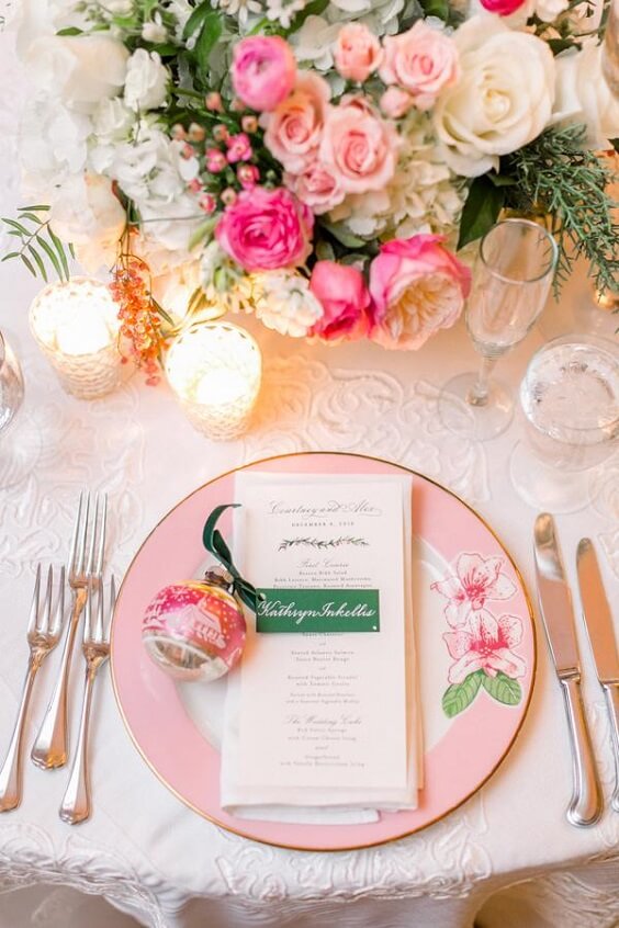 Table decorations for Green and Pink Winter Wedding
