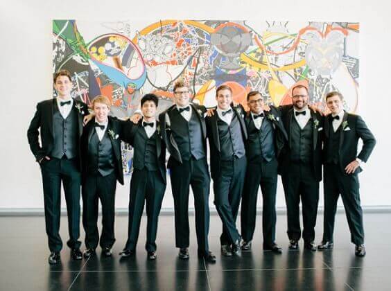 Suits for groom and groomsmen for Black and White Winter Wedding