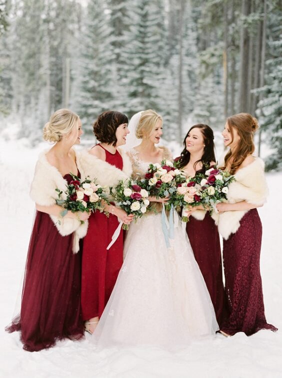 Bridesmaid dresses for dark red and pink winter wedding