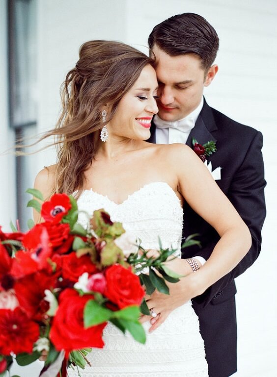 Groom suits for dark red and pink winter wedding