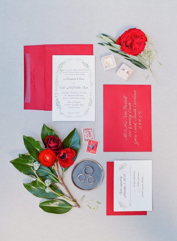Flower invitations for dark red and pink winter wedding