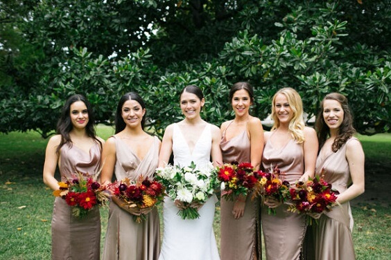 Bridesmaid dresses for champagne and burgundy winter wedding