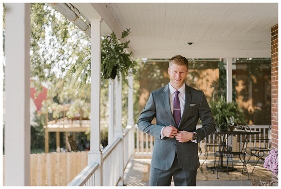Grey suits for purple and grey winter wedding