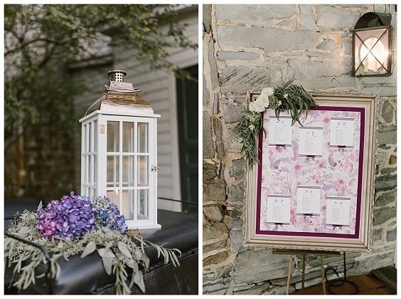 Welcome board for purple and grey winter wedding