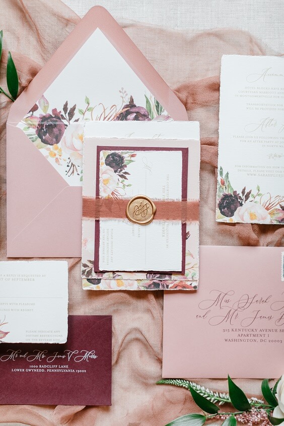 invitation for spring wedding pastel pink and burgundy 2020