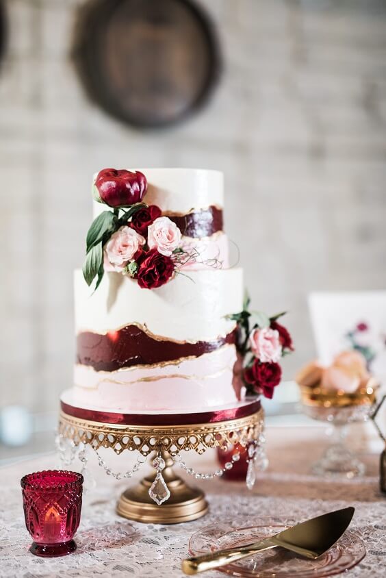 wedding cake for spring wedding pastel pink and burgundy 2020