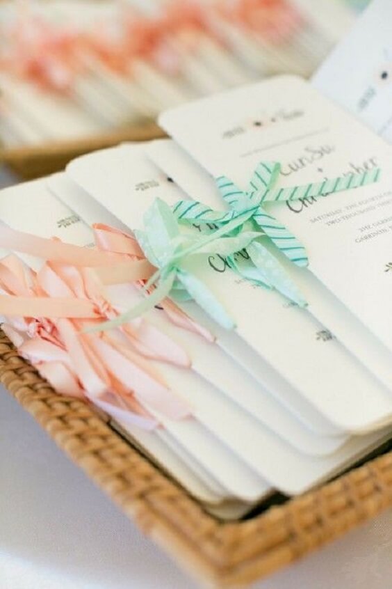 invitations with sashes for spring wedding peach and mint green 2020