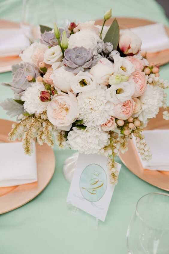 table setting and centerpieces for spring wedding peach and mint green 2020