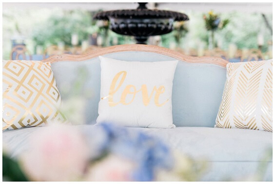 ice blue couch with gold love pillow for spring wedding ice blue and pink 2020